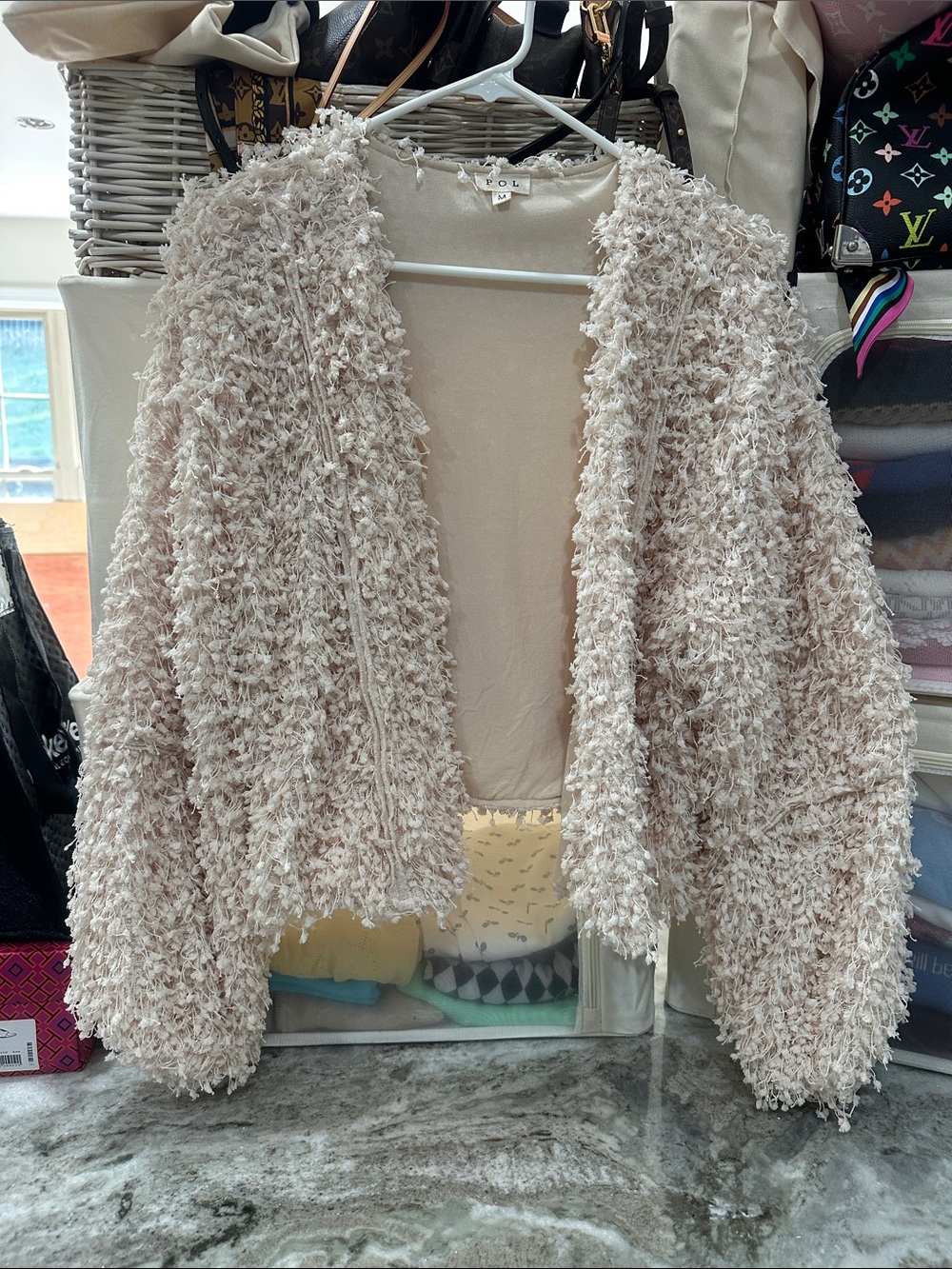 POL Shaggy Teddy Open-Front Jacket in Light Taupe